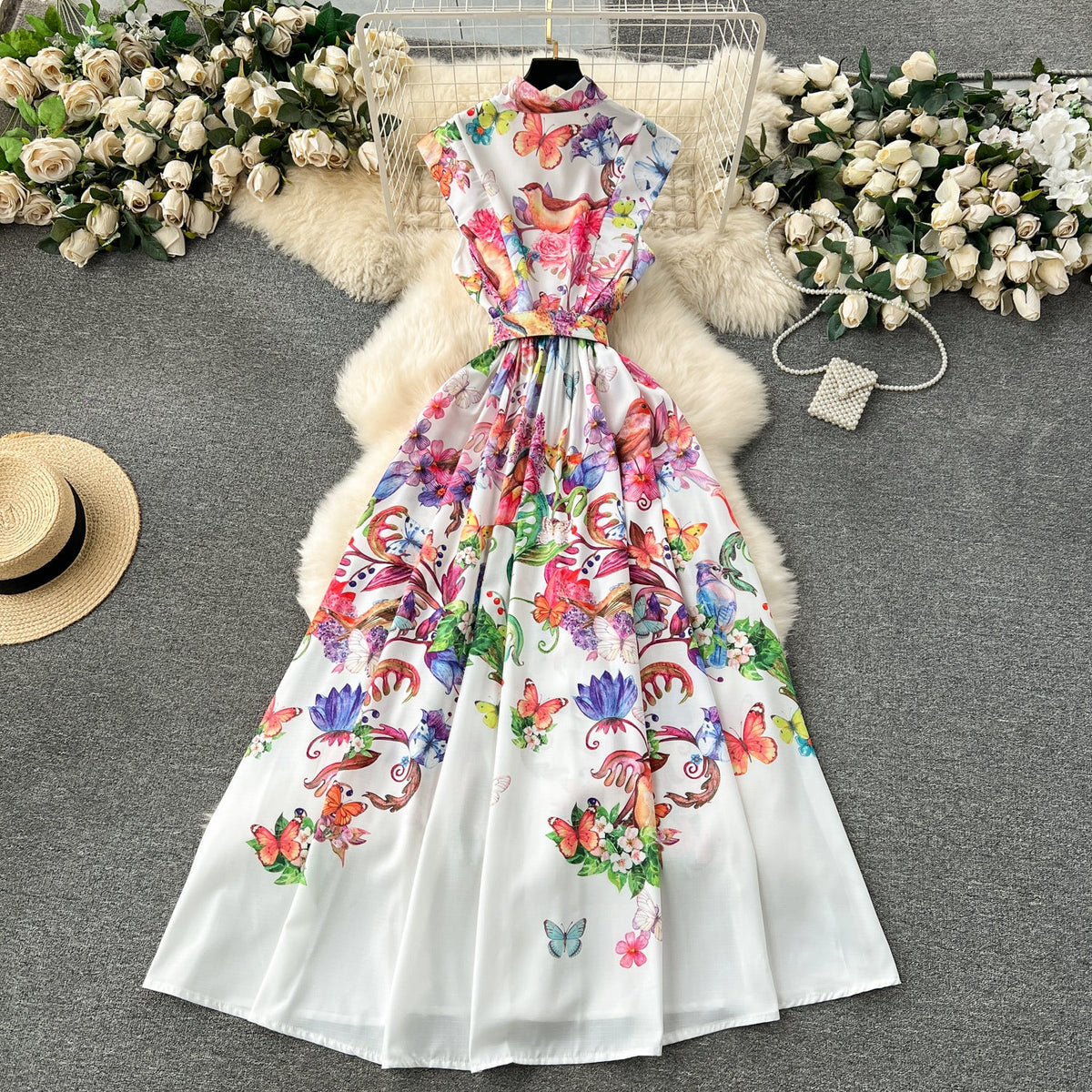French Style Floral Sleeveless Shirt Dress