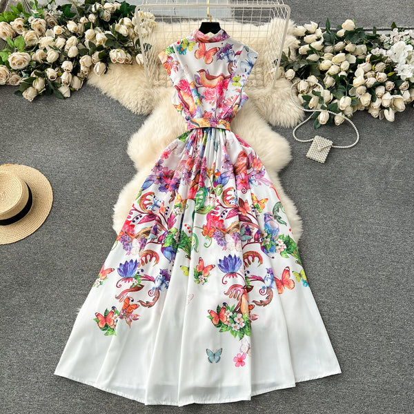 French Style Floral Sleeveless Shirt Dress