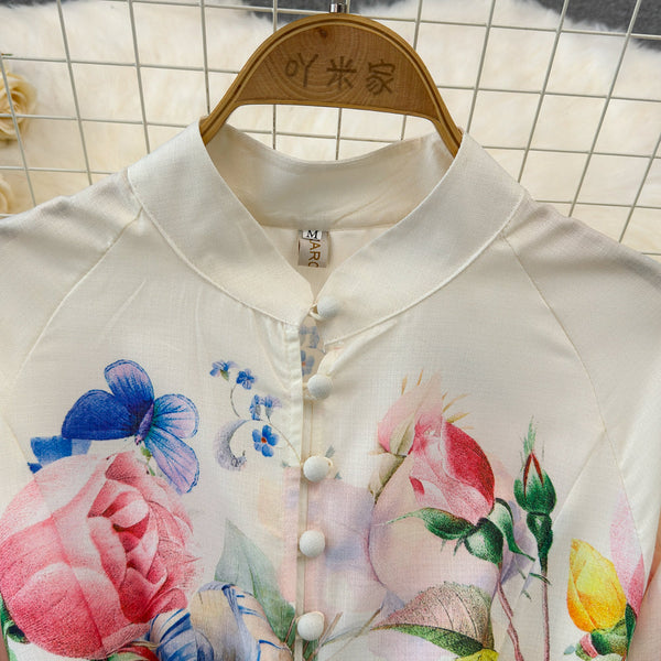 Courtly Single-breasted Floral Shirt Dress