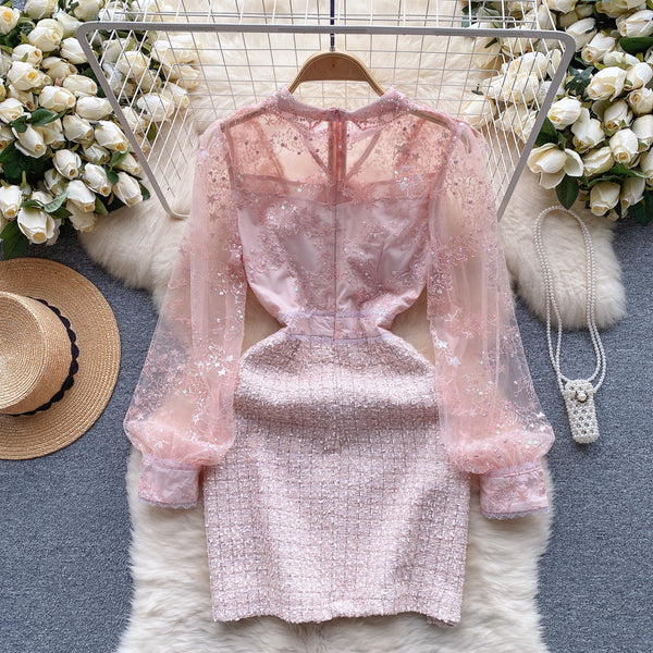 Pink Mesh Patchwork Tweed Dress