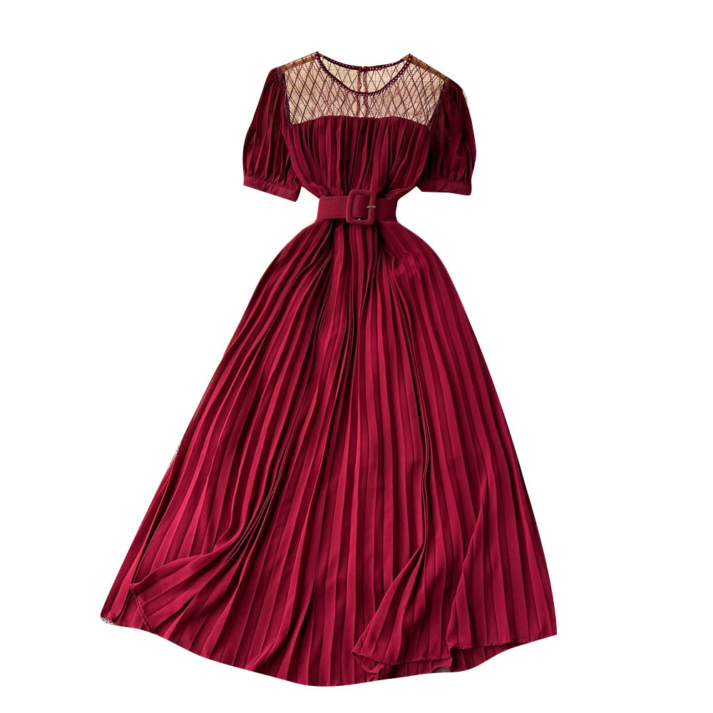 High Waist Tied Chiffon Pleated Dress