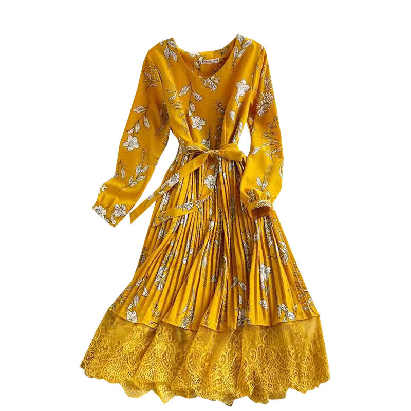 Floral Lace Patchwork Pleated Dress