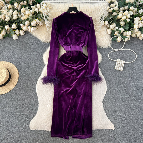 V-neck Slim-fitting Suede Split Dress