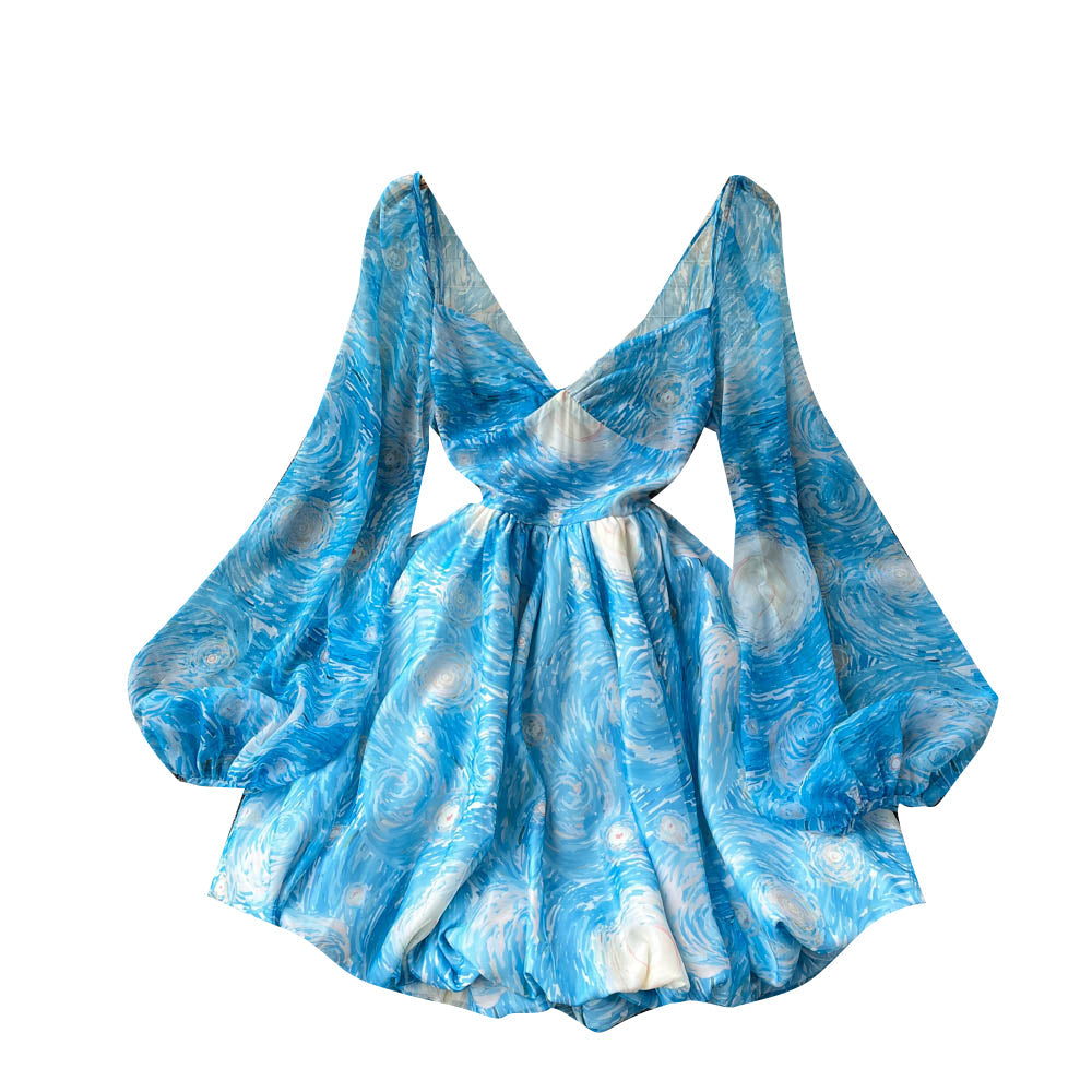 Backless Floral V-neck Puffy Dress