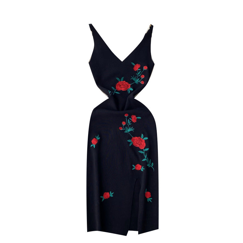 Rose Embroidered Knitted Slit Dress