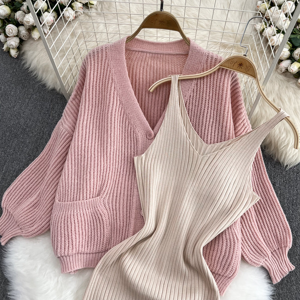 Loose Cardigan&Slip Dress Knitted 2Pcs