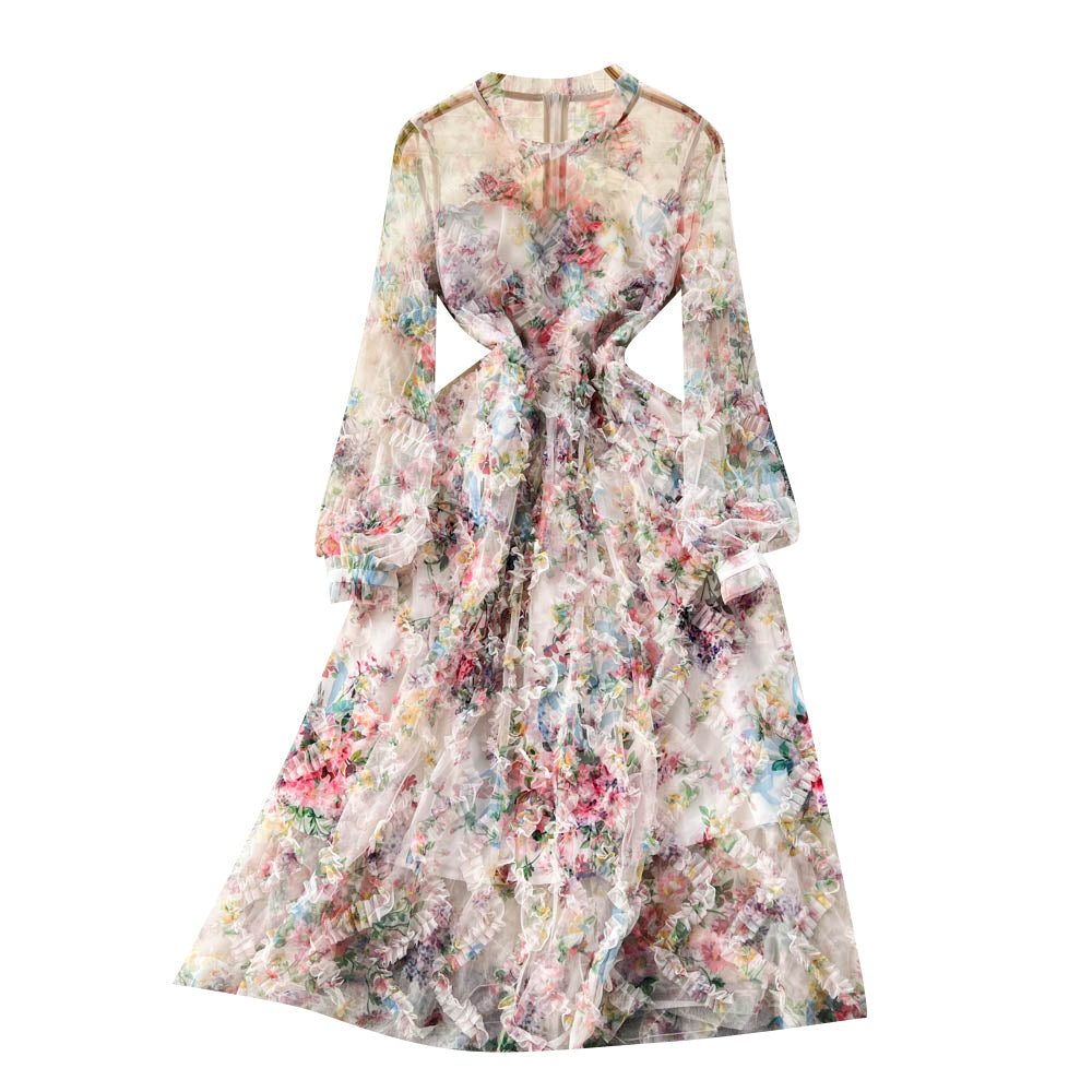 Floral Printed Hollowed Mesh Dress