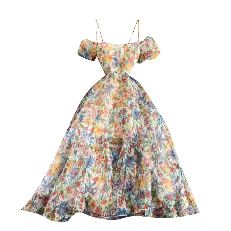 Backless Colorful Floral Camisole Dress