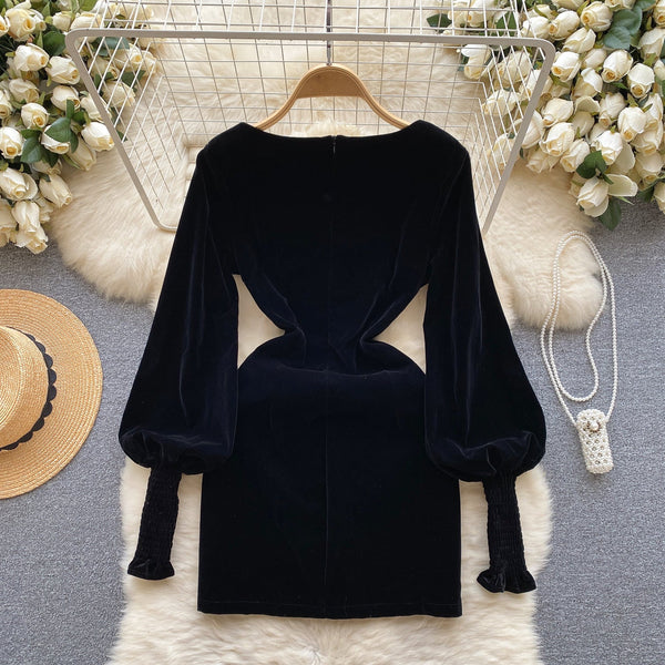 Vintage Square Collar Suede Black Dress