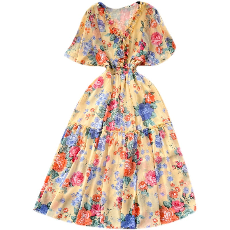 Mori Flared Sleeve Floral Chiffon Dress