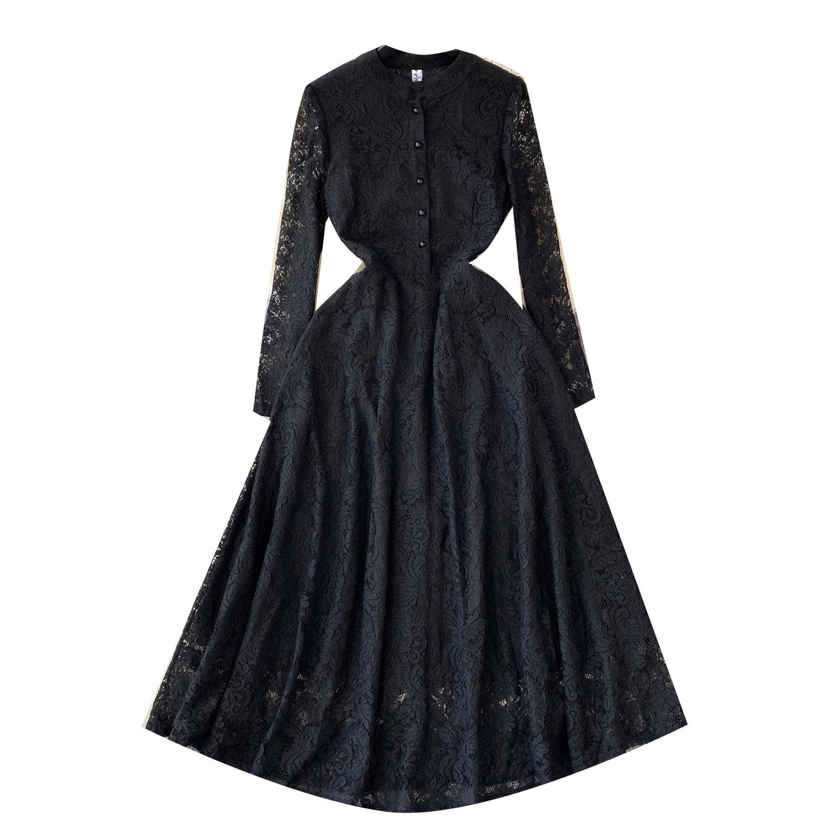 Stand Collar Black Lace Shirt Dress