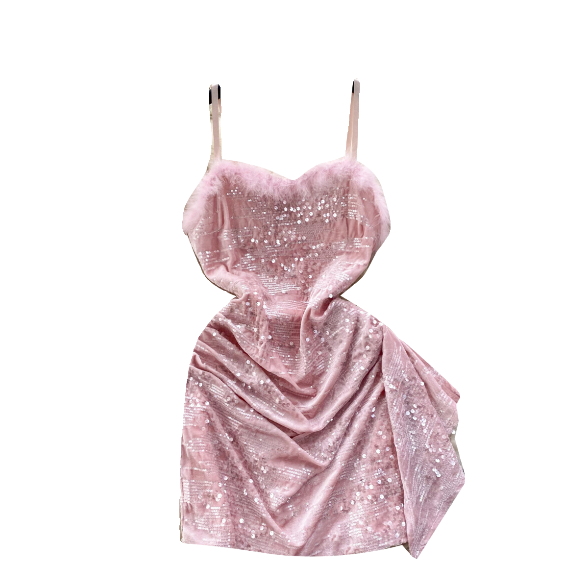 Furry Neckline Sequined Slip Dress