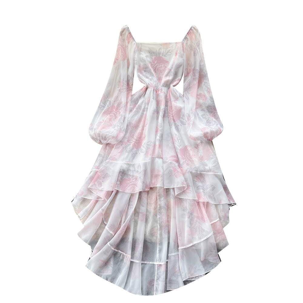 Sweet Square-neck Ruffle Printed Dress