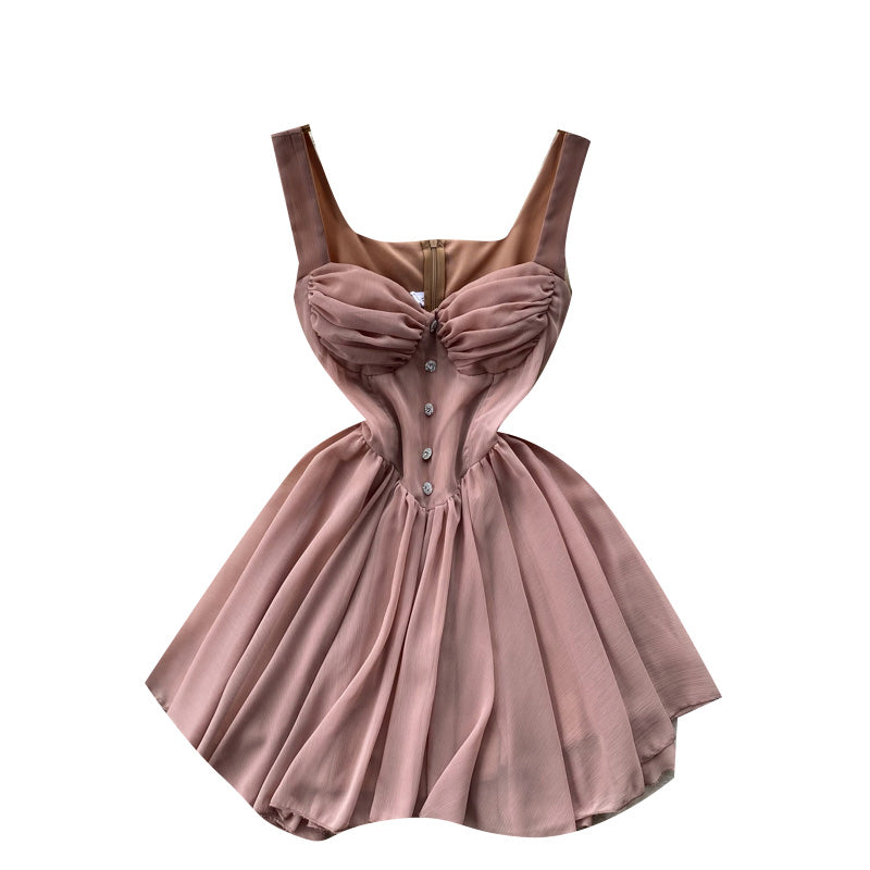 High Waist Single-breasted Puffy Slip Dress