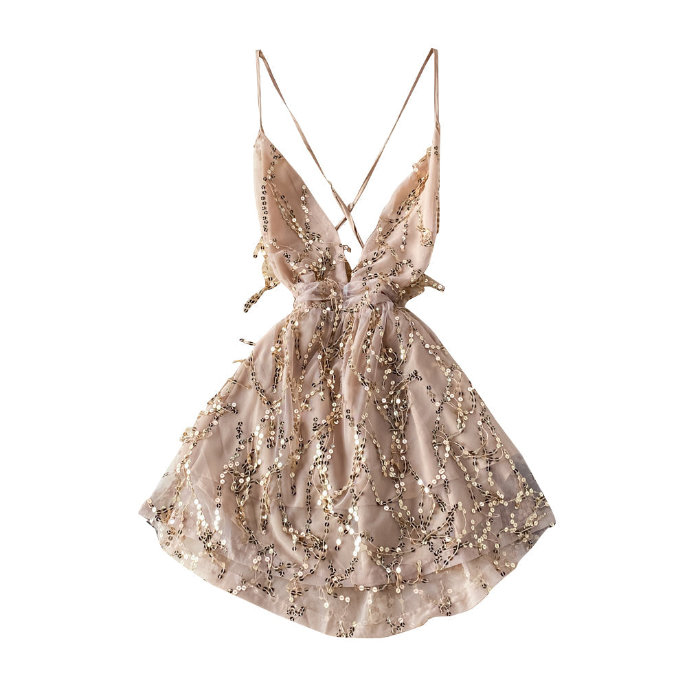 V-neck Backless Sequin Slip Dress