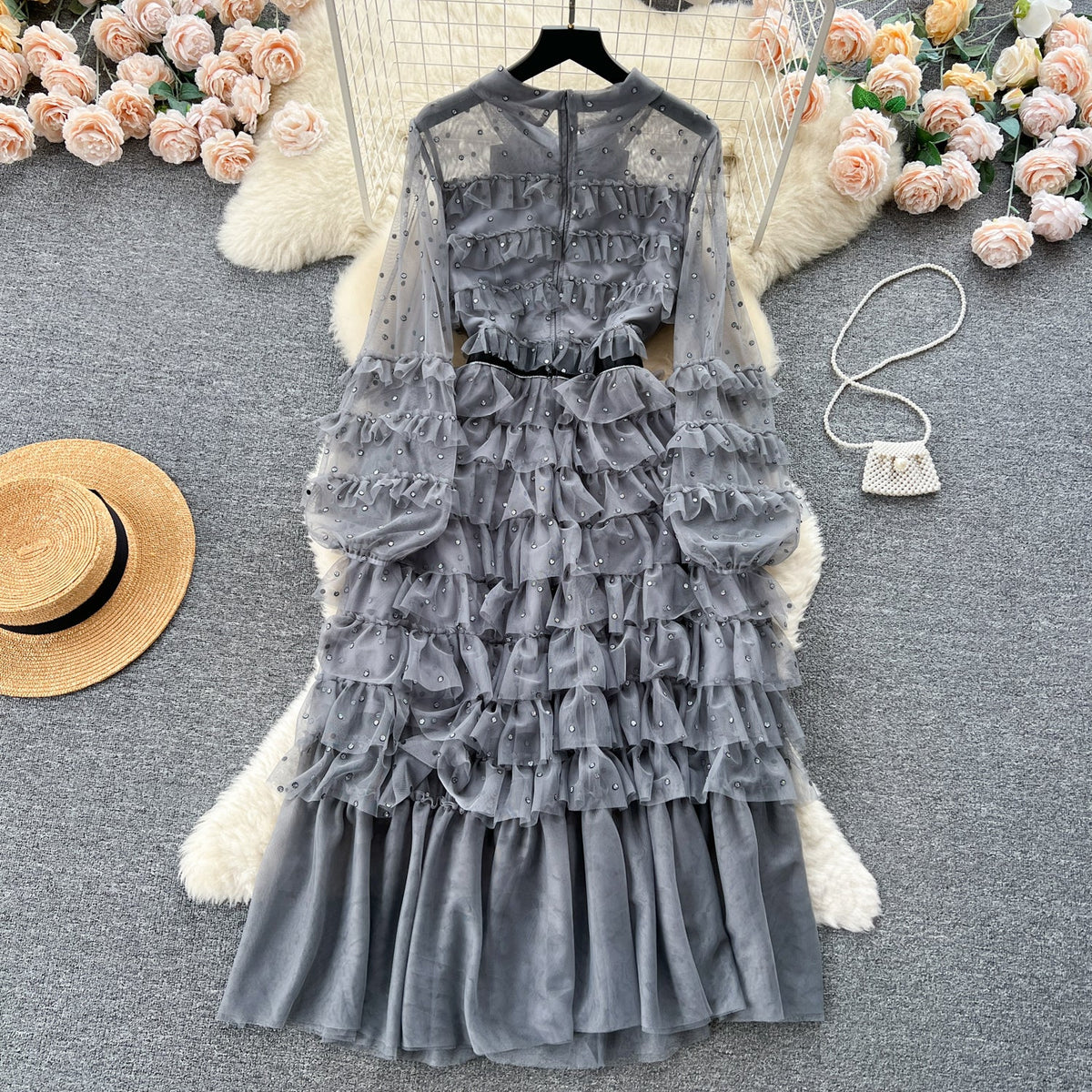 Bow-tie Beaded Layered Mesh Dress
