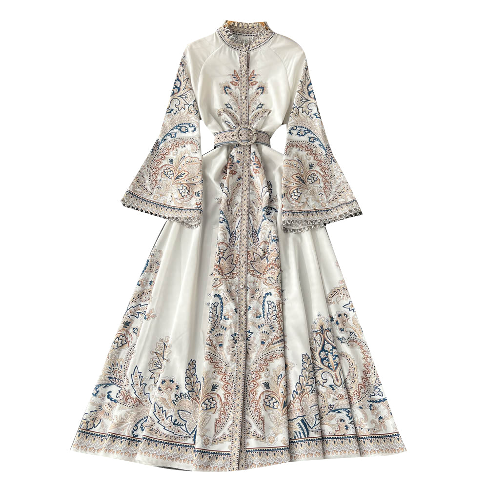 Vintage Printed Round-neck Pleated Dress