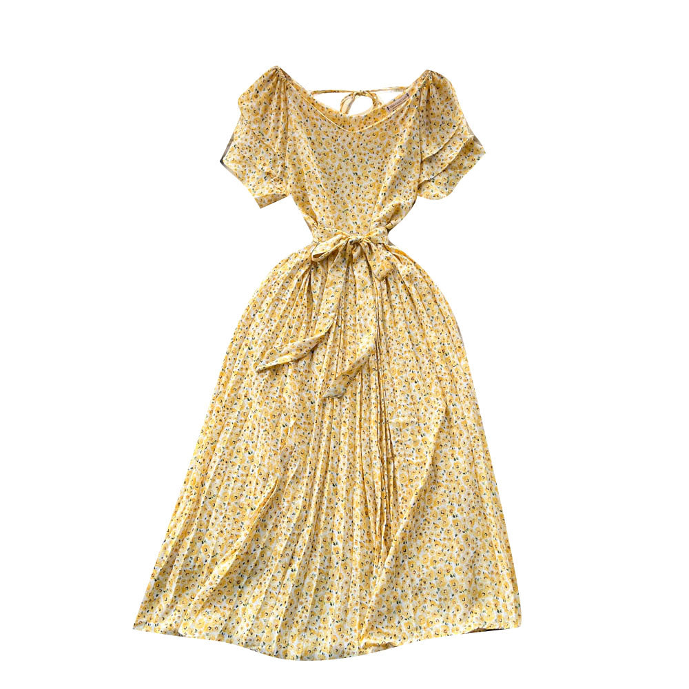 Fairy Pleated Lace-up Floral Dress