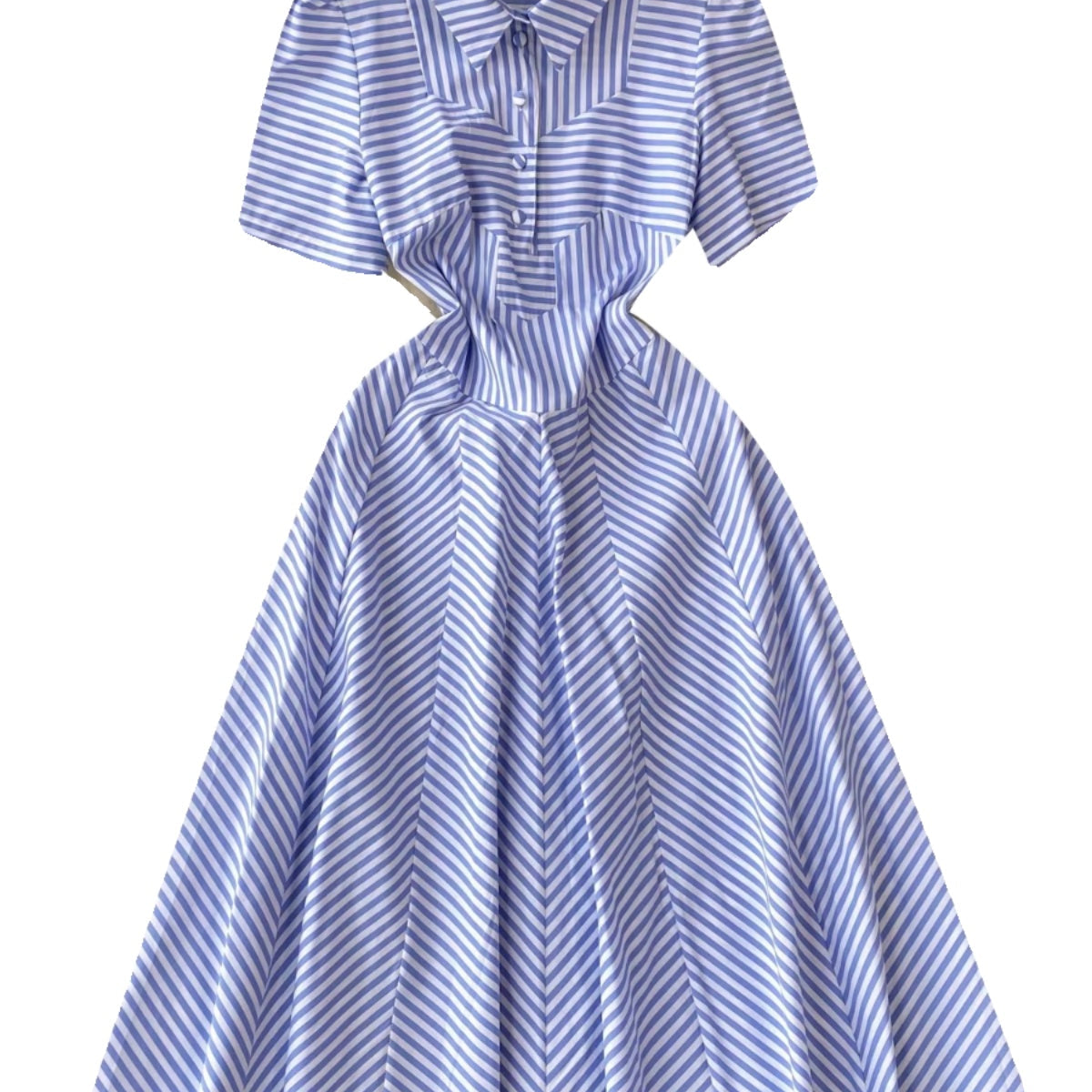 Lapeled Puffy Sleeve Striped Dress