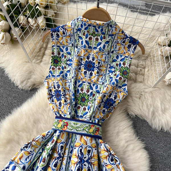 Courtly Lapel Floral Print Dress