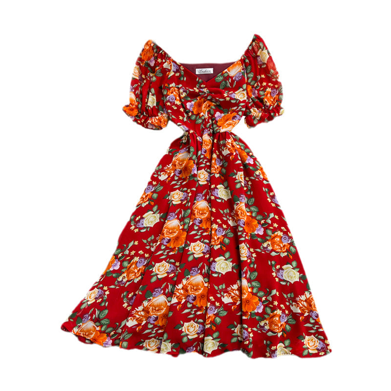 Waist-slimming V-neck Floral Chiffon Dress