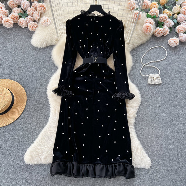 Vintage Beaded Ruffled Velvet Dress