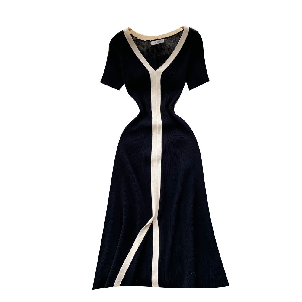 Color Blocking V-neck Knitted Dress