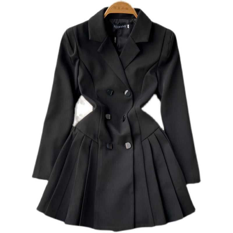 Lapeled Pleated Black Suit Dress