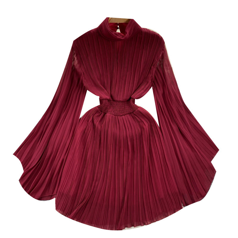 Premium Flared Sleeves Pleated Chiffon Dress