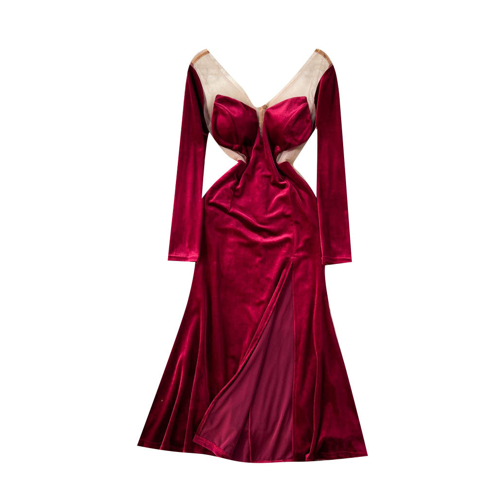 V-neck Backless Mesh Patchwork Velvet Dress