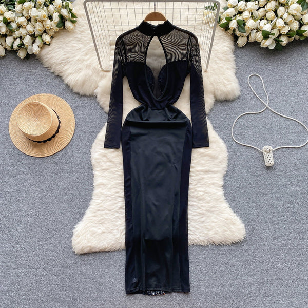 Elegant Hollowed Mesh Sequined Dress