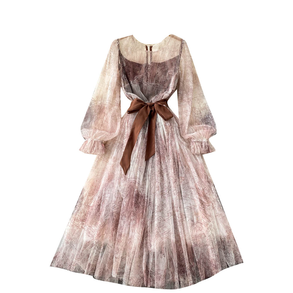 French Style Floral Printed Mesh Dress