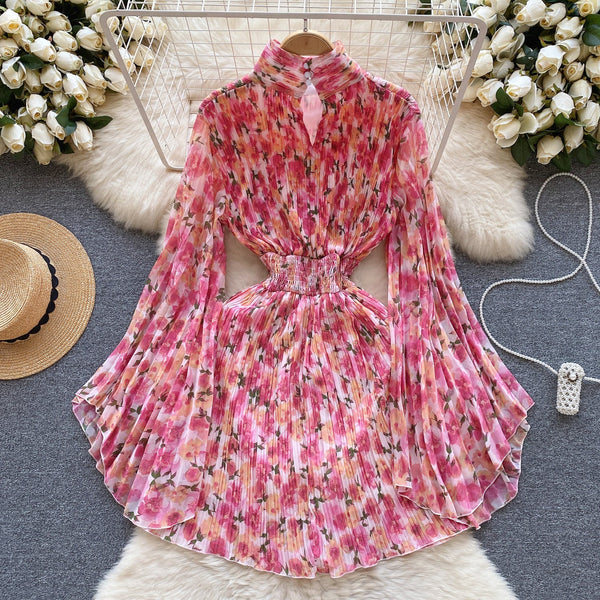 Flared Sleeve Floral Chiffon Dress