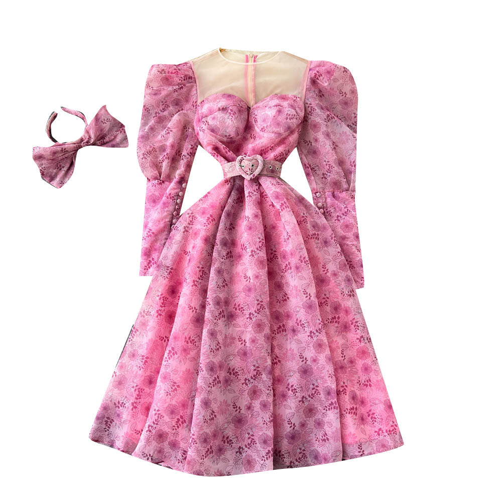 Mesh Patchwork Puff Sleeve Floral Dress