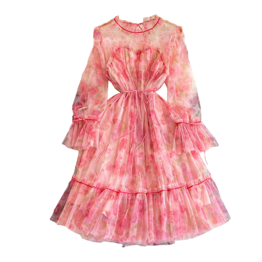 High-end Flared Sleeve Mesh Print Dress