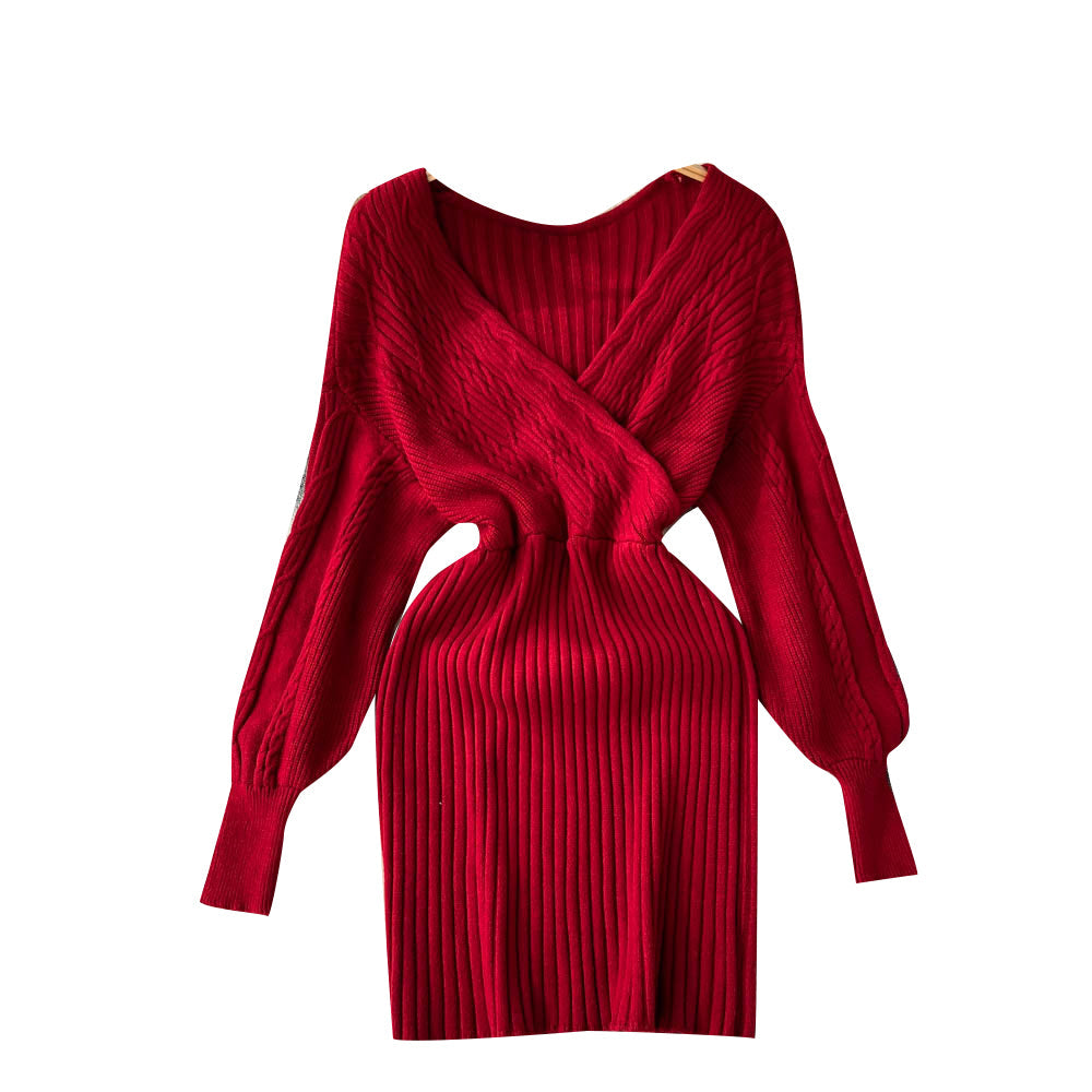 Vintage V-neck Waist-slimming Knitted Dress