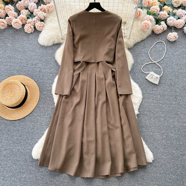 Short Jacket&Pleated Slip Dress OL 2Pcs