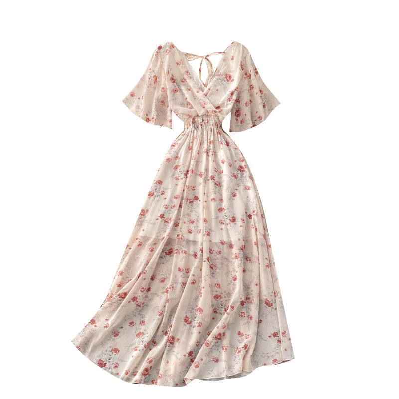 V-neck Slim Chiffon Floral Dress