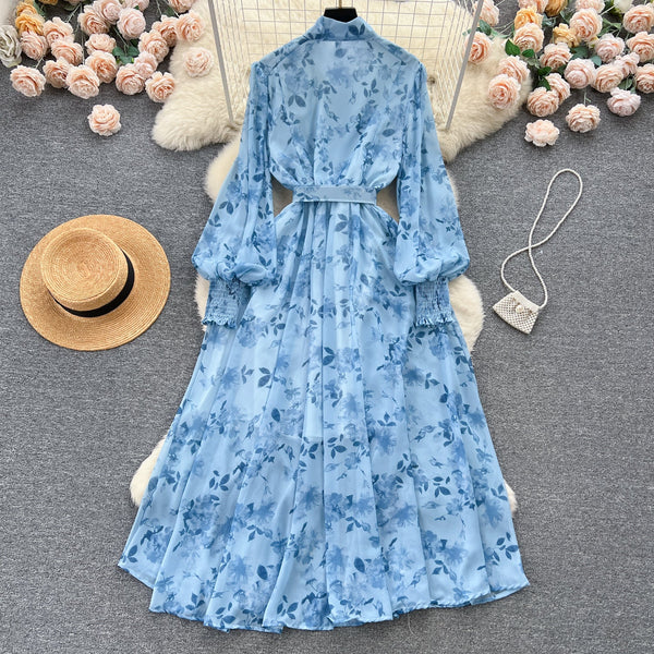 Stand Collar Floral Chiffon Dress