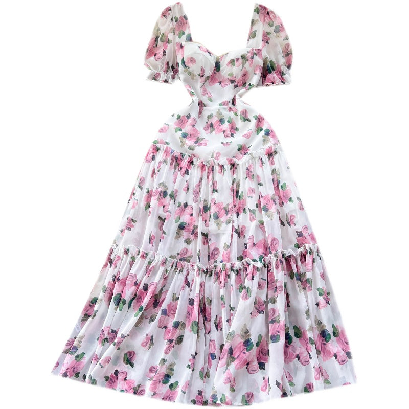 Square Collar Puff Sleeve Floral Dress