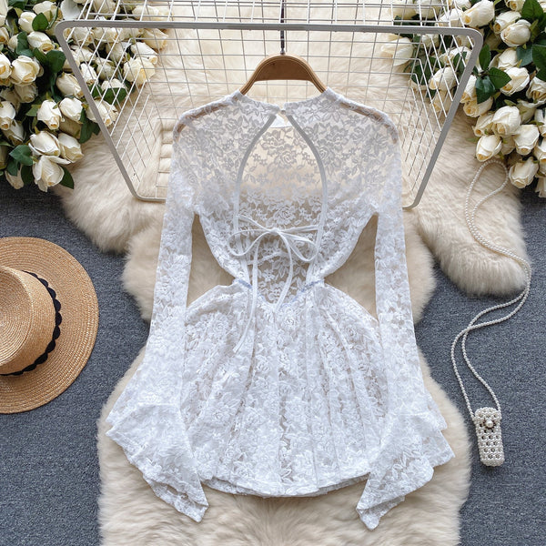 Fairy Hollowed Lace Flared Sleeve Dress