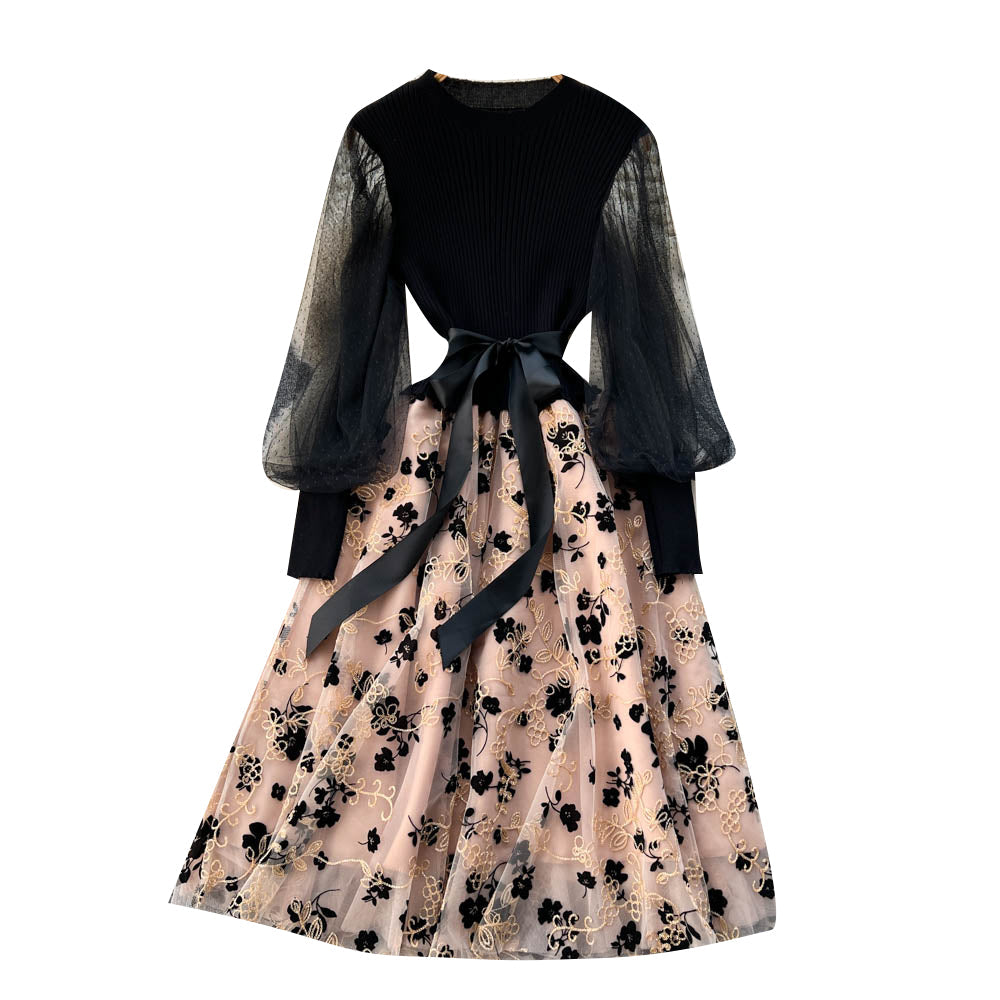 Floral Mesh Patchwork Black Dress