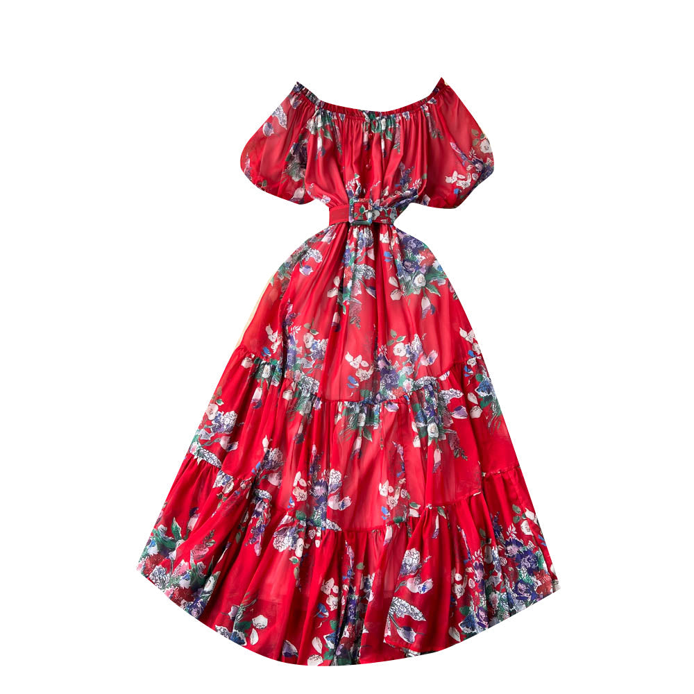 Off-shoulder Floral Chiffon Dress