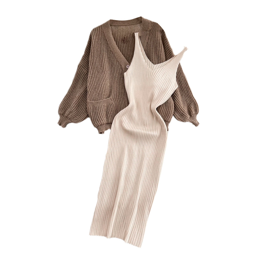 Loose Cardigan&Slip Dress Knitted 2Pcs