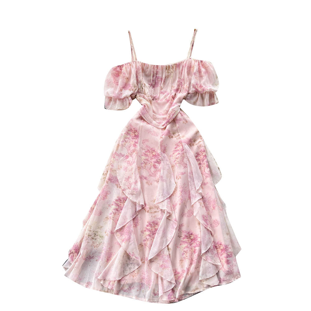 Sweet Irregular Design Pink Floral Dress