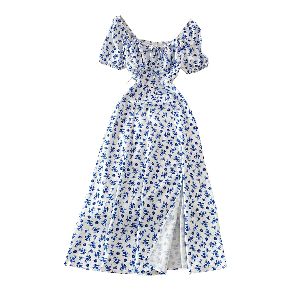 French Style Puff Sleeve Floral Dress