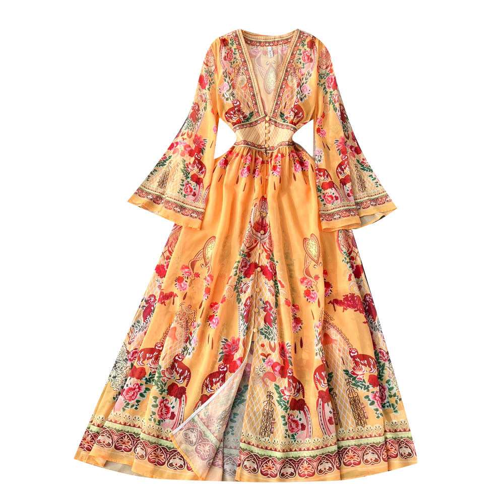 Deep V-neck Floral Printed Maxi Dress