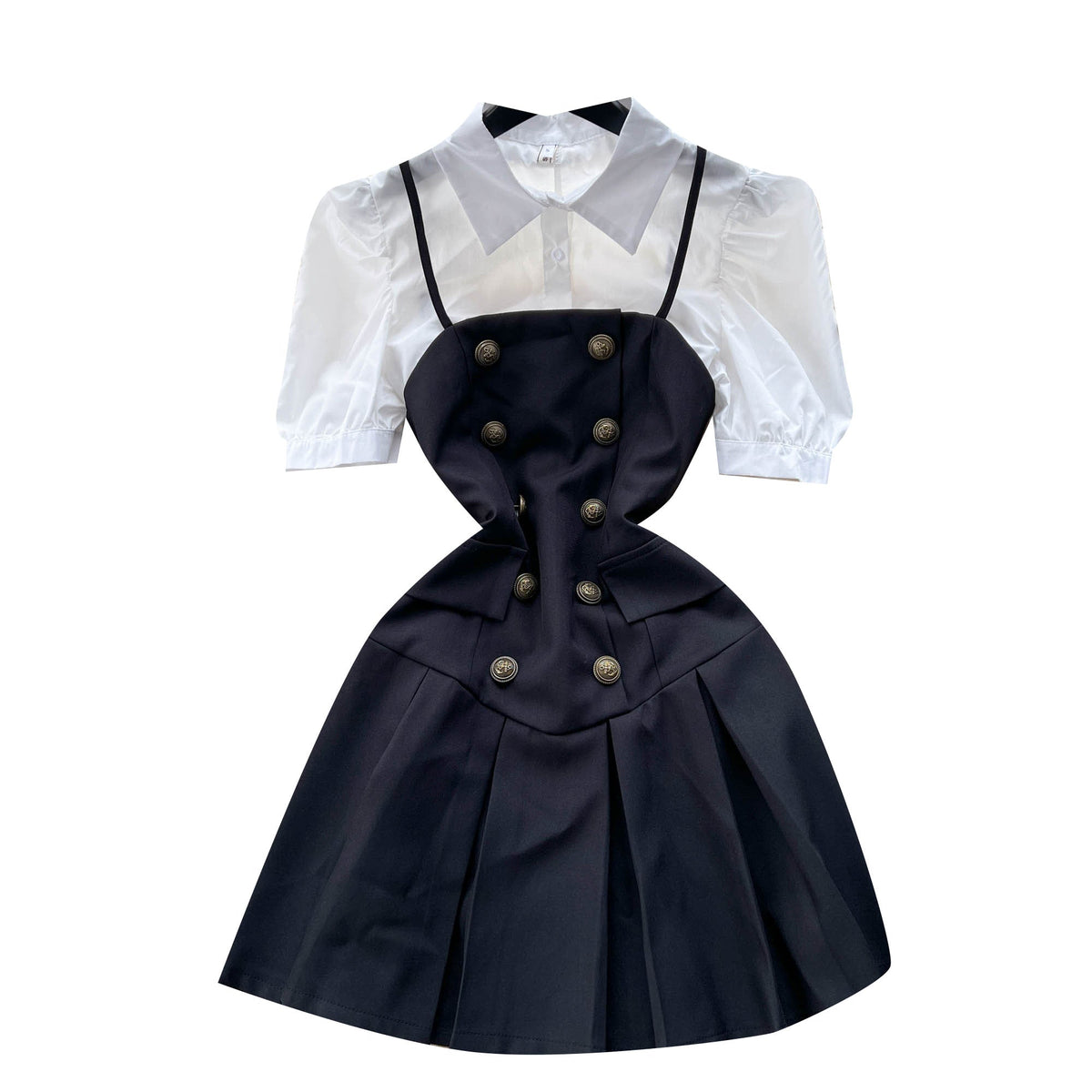 Bubble-sleeve Blouse&Halter Pleated Dress