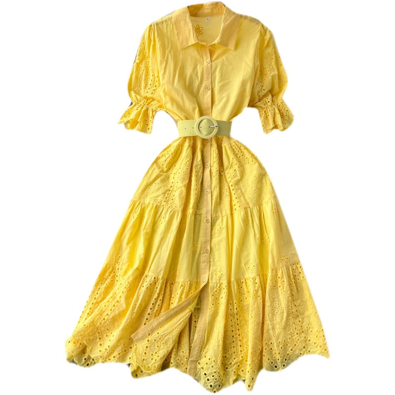 Puff Sleeve Hollowed Embroidered Dress