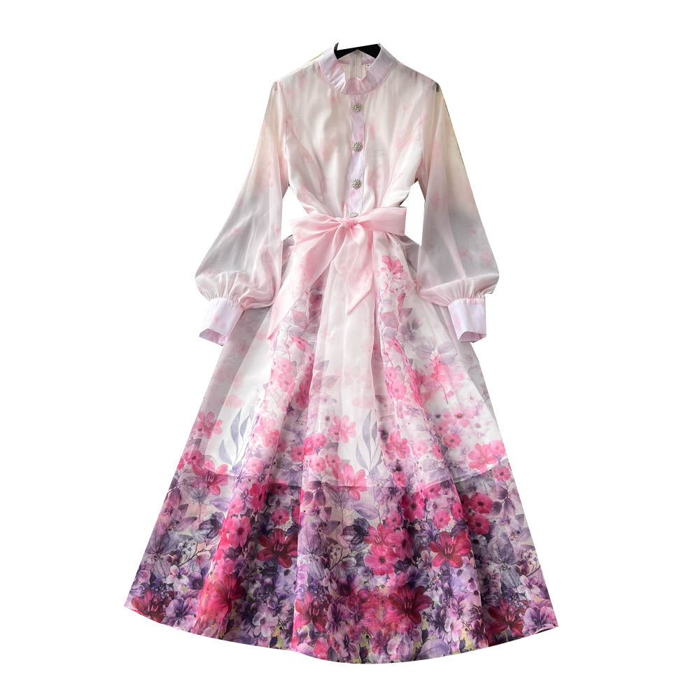 Stand Collar Lace-up Floral Shirt Dress